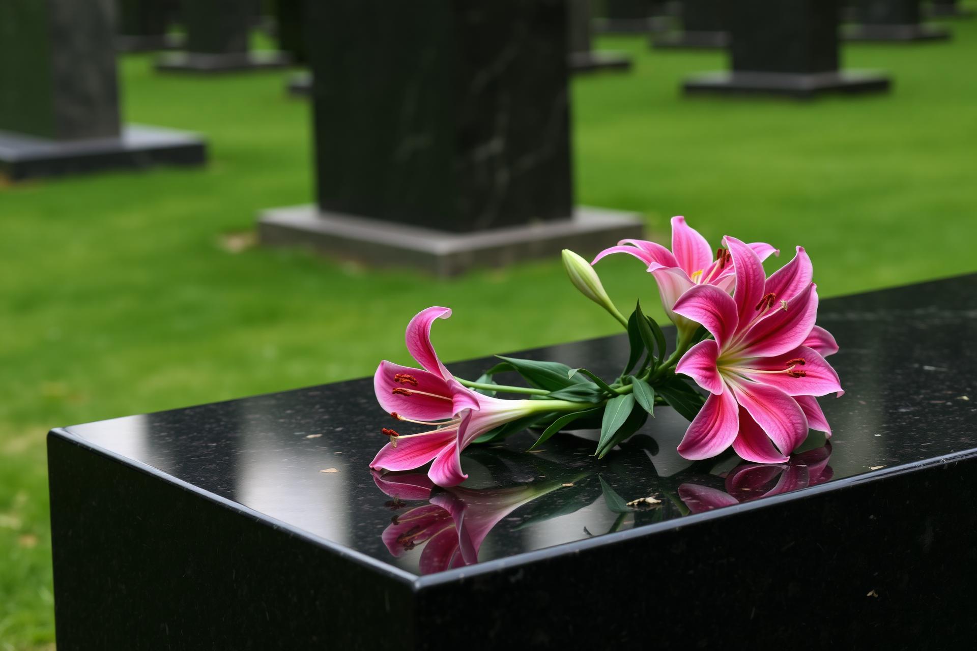 Lilies resting on a granite memorial